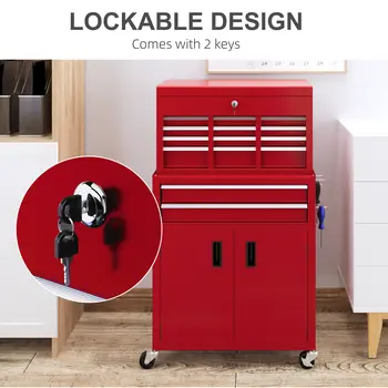 HOMCOM Portable Tool Box, Metal Tool Chest on Wheels with 6 Drawers for Garage and Workshop in Red