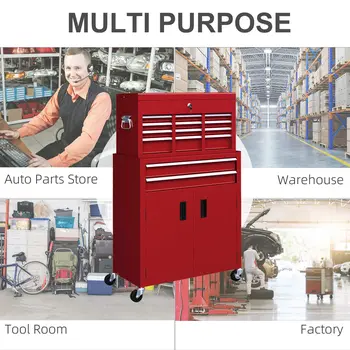 HOMCOM Portable Tool Box, Metal Tool Chest on Wheels with 6 Drawers for Garage and Workshop in Red