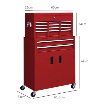 HOMCOM Portable Tool Box, Metal Tool Chest on Wheels with 6 Drawers for Garage and Workshop in Red