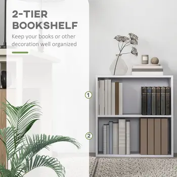 HOMCOM 2 Tier Bookshelf, Low Bookcase with Adjustable Shelf, 2 Compartments for Home Office, Living Room, Study in White