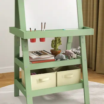 AIYAPLAY 3 in 1 Kids Easel Double-Sided Magnetic Whiteboard and Chalkboard with Paper Roll, Storage Baskets in Green