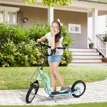 HOMCOM Teen Kids Stunt Scooter with Adjustable Handlebar, 12 Inch Rubber Tyres, Dual Brakes, Blue