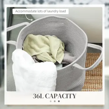 HOMCOM 36L Cotton Rope Laundry Basket, with Handles in Grey