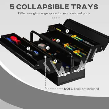 Professional Metal Toolbox, 3 Tier, 5 Tray, Portable with Carry Handle, 56cmx20cmx34cm, Black | DURHAND