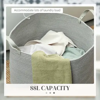 HOMCOM 88L Cotton Rope Laundry Basket with Handles in Grey