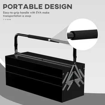 Professional Metal Toolbox, 3 Tier, 5 Tray, Portable with Carry Handle, 56cmx20cmx34cm, Black | DURHAND