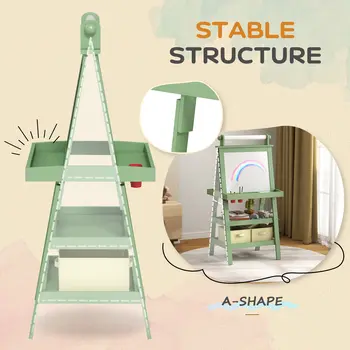 AIYAPLAY 3 in 1 Kids Easel Double-Sided Magnetic Whiteboard and Chalkboard with Paper Roll, Storage Baskets in Green