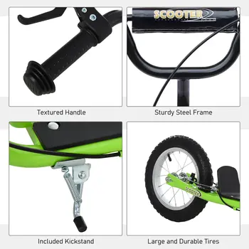 HOMCOM Teen Kids Stunt Scooter with Adjustable Handlebar, 12 Inch Rubber Tyres, Dual Brakes in Green