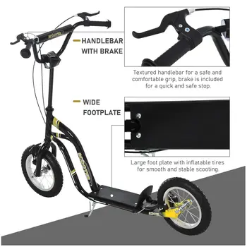 HOMCOM Teen Kids Stunt Scooter with Adjustable Handlebar, 12 Inch Rubber Tyres, Dual Brakes in Black