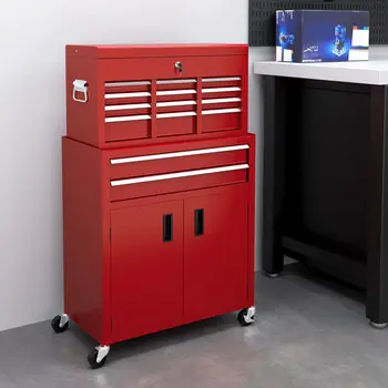 HOMCOM Portable Tool Box, Metal Tool Chest on Wheels with 6 Drawers for Garage and Workshop in Red
