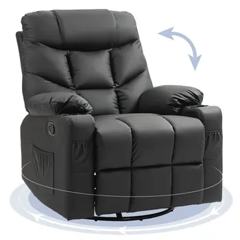 HOMCOM Manual Reclining Chair, Recliner Armchair with Swivel, Faux Leather, Footrest, Cup Holders, 86x93x102cm in Black