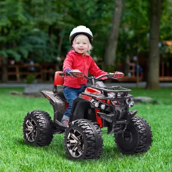 HOMCOM 12V Quad Bike ATV with LED Lights, Music, Backrest, Forward, Backward in Red