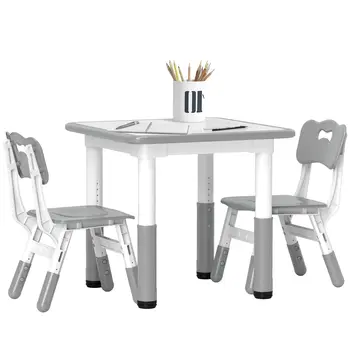 Height Adjustable Toddler Table and Chair Set, 3 Pcs Children Activity Table w/ 2 Chairs, for Playroom, Bedroom in Grey by AIYAPLAY