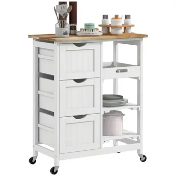 Rolling Kitchen Island Cart, Bar Serving Cart, Compact Trolley on Wheels with Wood Top, Shelves & Drawers for Home Dining in White | HOMCOM