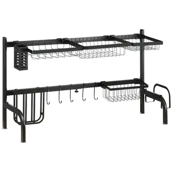 Space Saving 2 Tier Adjustable Dish Drainer Over The Sink Dish Drying Rack, Black | HOMCOM