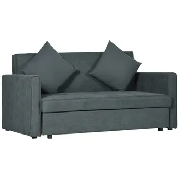 2 Seater Sofa Bed, Convertible Bed Settee, Modern Fabric Loveseat Sofa Couch with 2 Cushions, Hidden Storage for Guest Room, Dark Grey by HOMCOM