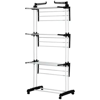 Foldable Clothes Drying Rack: 4-Tier Steel Clothes Airer with Castors, Indoor & Outdoor in Black by HOMCOM