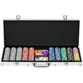 Luxury 500PCS Poker Chips Set, Complete with Gaming Mat, Chips, Dual Card Decks, Dealer Button, 5 Dice, Ultimate Game Night Kit | SPORTNOW