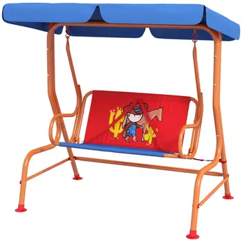 Outsunny Two Seater Kids Outdoor Garden Swing, Cowboy Themed kids Swing Chair with Adjustable Canopy, Safety Belts