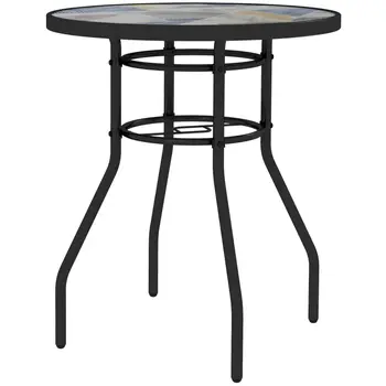 Garden Table with Tempered Glass Top, Printed Design, Steel Frame, for Porch, Multicolour | Outsunny
