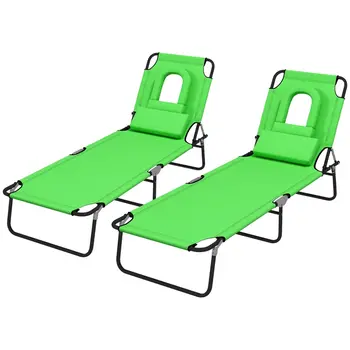 Foldable Sun Lounger Duo, Adjustable 4-Level Backrest, Comfort Pillow & Reading Slot, Easy Storage, Vibrant Green | Outsunny