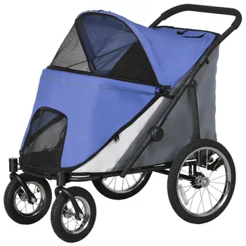 Foldable Pet Stroller, with Washable Cushion, Storage Bags, Safety Leash, for Medium, Large Dogs, Catts, Travel - Blue | PawHut