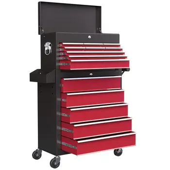 Rolling Tool Cabinet on Wheels w/ 14 Drawers, Pegboard & Side Rack, Lockable Top Tool Chest & Roller Cabinet Combo for Workshop Home | HOMCOM