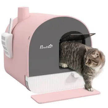 Hooded Cat Litter Box, Kitten Litter Tray, with Lid, Scoop, Filter, Flap Door, Pink | PawHut