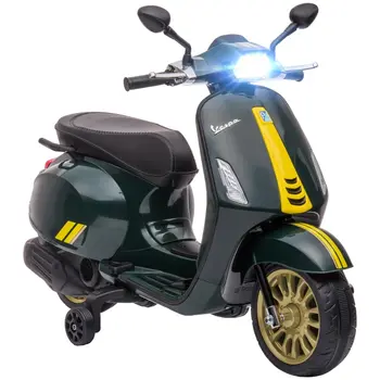 AIYAPLAY 12V Vespa Licensed Kids Electric Scooter Motorbike with Music, Headlights, FM Radio, for 3-6 Years in Green