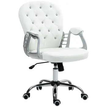 Home or Office Chair with 360° Swivel, PU Diamante Padded, Base 5 Castor Wheels, Ergonomic Desk Chair in White by Vinsetto