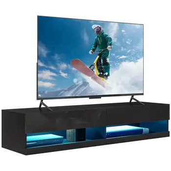 HOMCOM Floating TV Unit Wall Mounted TV Cabinet, High Gloss Media Wall Unit with LED Lights, Storages Shelves for Living Entertainment Room in Black