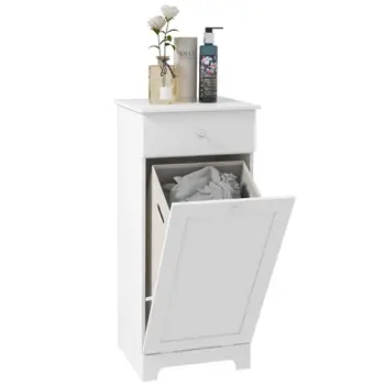 Bathroom Cabinet with Laundry Basket, Bathroom Storage Unit with Foldable Laundry Hamper and Drawer for Washroom, White by HOMCOM