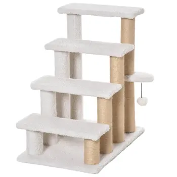 PawHut Pet Stair with 4-step Climb Ladder, Scratching Posts, Platforms, Toy Ball, for Indoor Elderly Cats Kittens in White