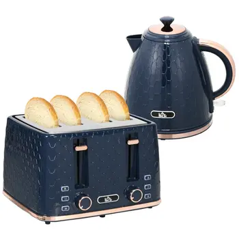 HOMCOM Blue Kettle and Toaster Set, 1.7L 3000W Fast Boil Jug Kettle with Auto Shut Off, 4 Slice Toaster with 7 Level Browning Controls & Crumb Tray