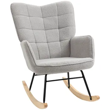 HOMCOM Berber Fleece Nursery Glider Rocker for Nursing, Wingback Rocking Chair for Living Room in Light Grey
