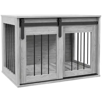 PawHut 80cm Dog Crate Furniture with Removable Cushion for Large Dogs in Grey
