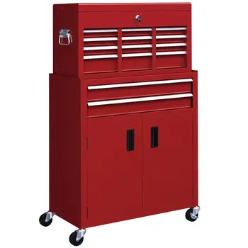 HOMCOM Portable Tool Box, Metal Tool Chest on Wheels with 6 Drawers for Garage and Workshop in Red