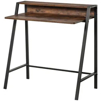 Writing Desk with Storage Shelf and Metal frame, Computer Table, Home Office PC Laptop Workstation in Rustic Brown | HOMCOM
