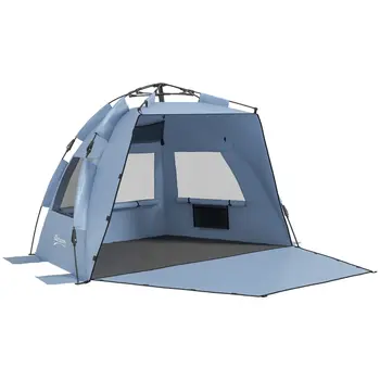 Pop Up Beach Tent for 2-3 Persons, UPF15+ Sun Protection Shelter with Extended Groundsheet, Sandbags, Light Blue | Outsunny