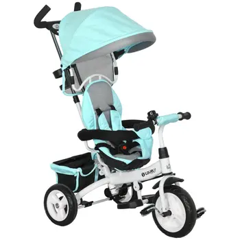 6 in 1 Kids Trike Push Bike w/ Push Handle, Canopy, 5-point Safety Belt, Storage, Footrest, Brake, for 1-5 Years, Green | HOMCOM