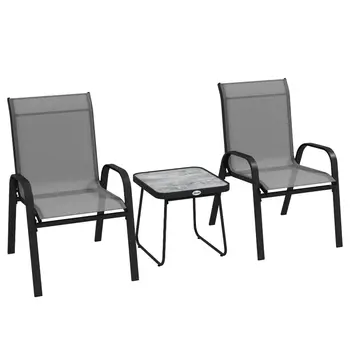 Outsunny 3 Pieces Outdoor Bistro Set, Patio Stackable Armchairs with Breathable Mesh Fabric and SPC Board Coffee Table, Light Grey