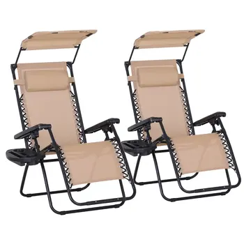 2 Piece Foldable Reclining Garden Chair with Headrest, Zero Gravity Deck Sun Lounger Seat Chair, Footrest, Cup Holder and Canopy | Outsunny