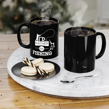 I'D Rather Be Fishing - Black Coffee Mug, 11oz