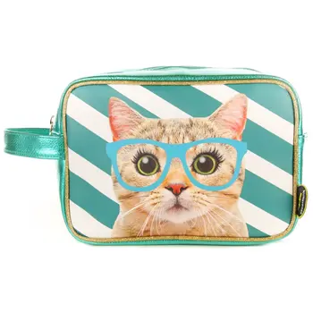 Toilettas Poes met bril blauwgroen