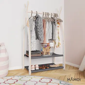 MAMOI® Children clothes rail Grey 53x95x32cm | Dressing up rail for kids made of Yarnwood | Baby wardrobe clothes storage modern design | Baby accessories | 100% ECO | MADE in EU