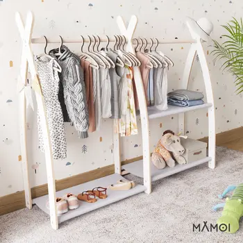 MAMOI® Children clothes rail Beige 95x106x32cm | Dressing up rail for kids made of Yarnwood | Baby wardrobe clothes storage modern design | Baby accessories | 100% ECO | MADE in EU