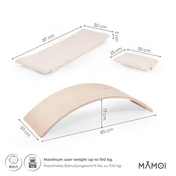 MAMOI® Wooden balance board for kids with beige cushion , Rocker seesaw, Baby balancing games, Toddler balance game, Wobble board, Play equipment for children, montessori sensory toys