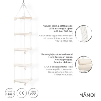 MAMOI® Dreieck Hänge Leiter für Kinder | Strickleiter Kinder Outdoor scandi Design | Nachhaltig Hängeleiter Kinder aus natürlichem Holz | 100% ECO | Made in EU