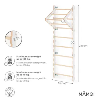 MAMOI® Swedish ladder, Wooden gorilla gym for kids, Indoor baby climbing frame for toddlers, Monkey bars and play gym, Childrens climbing wall, Gymnastics bar and equipment for home