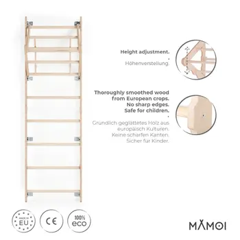 MAMOI® Swedish ladder, Wooden gorilla gym for kids, Indoor baby climbing frame for toddlers, Monkey bars and play gym, Childrens climbing wall, Gymnastics bar and equipment for home